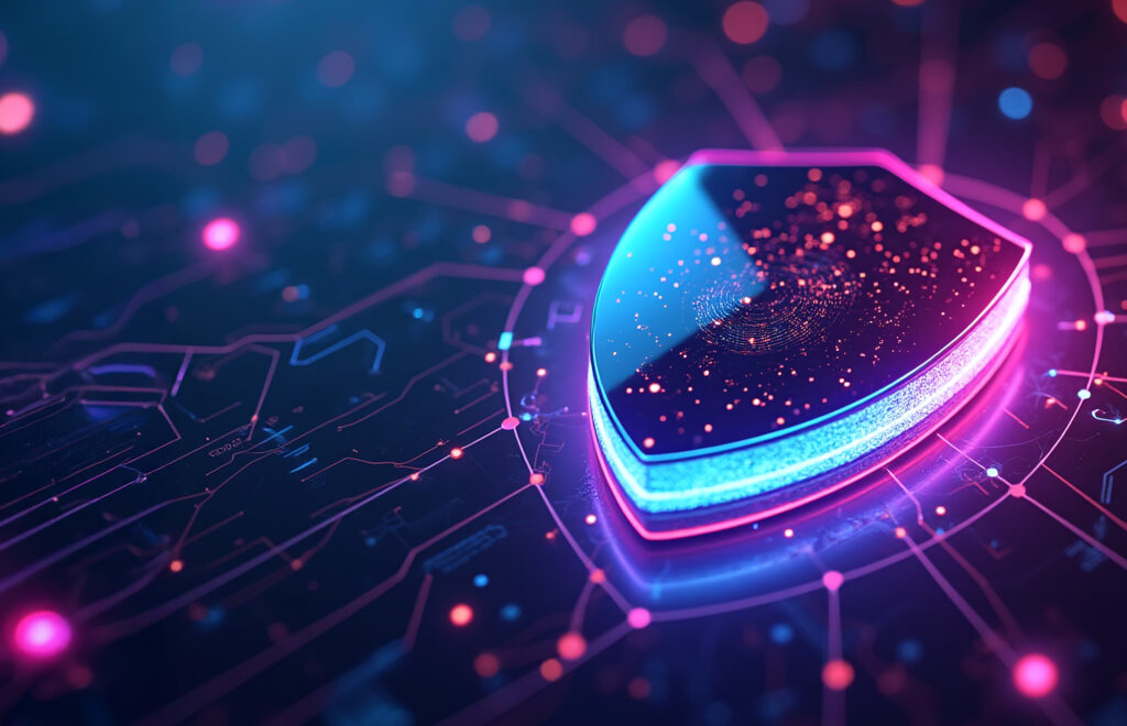 Shield with data points to convey secure customer data